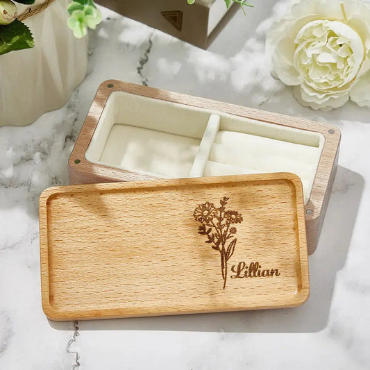 Personalized wooden jewelry box with birth flower and custom name, a perfect gift for her.