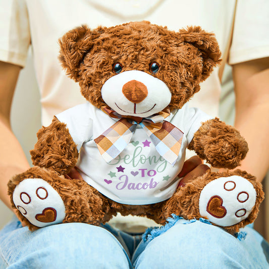 Personalized brown bear plush toy with custom name on shirt, a perfect baby shower gift.